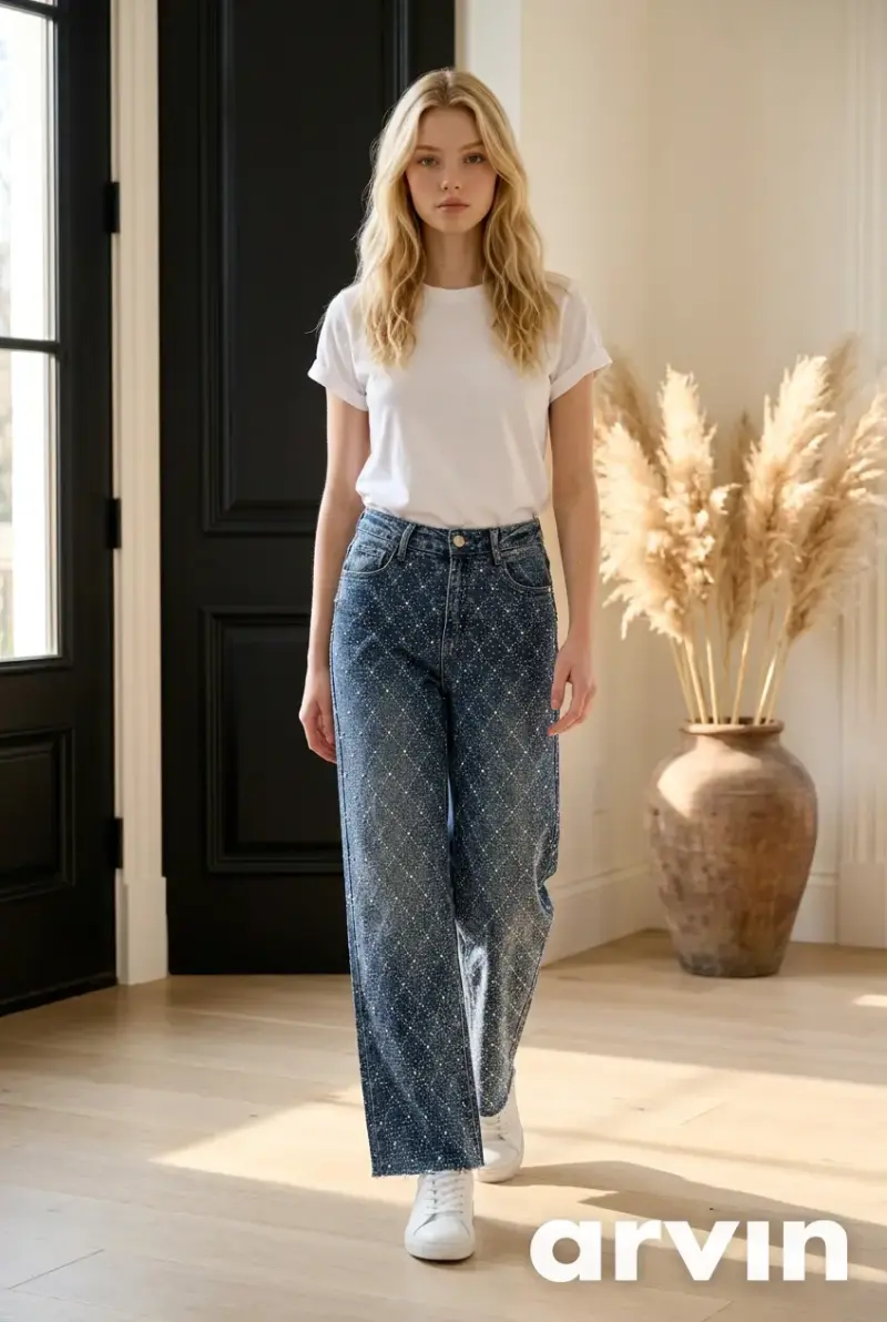 Jeans azul con brillantes remachados talla S - 5