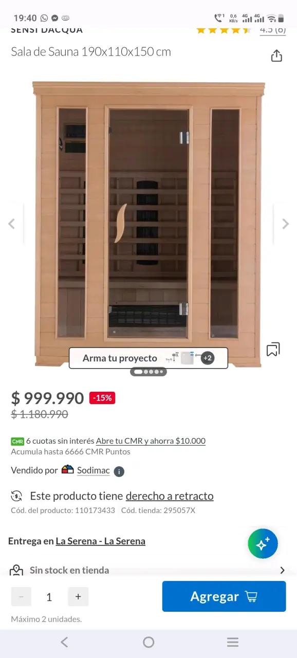 Sala de sauna 190x110x150 cm