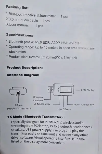 Transmisor y Receptor Bluetooth Con Pantalla LCD - miniatura 4