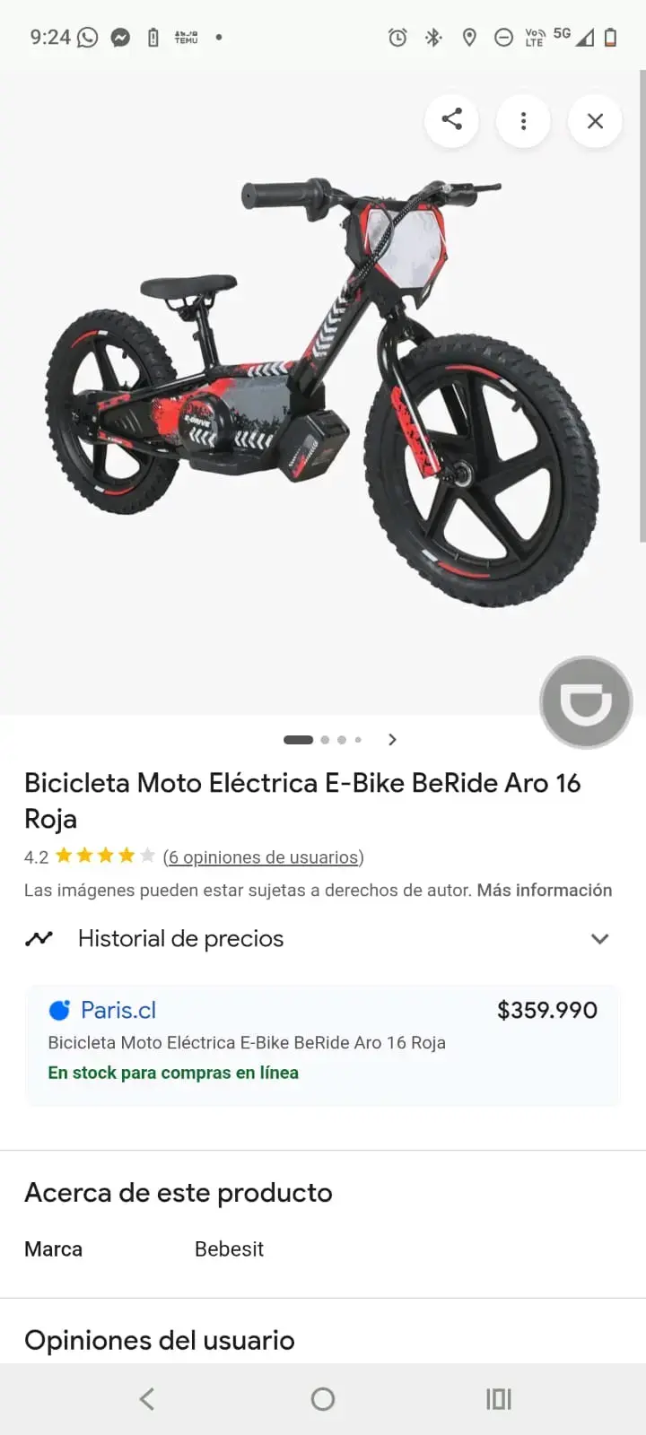 Bicicleta Eléctrica E-Bike Roja 16"