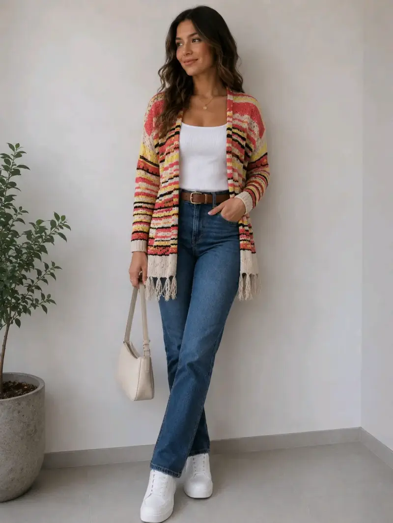 Cardigan colorido de rayas con flecos - 1