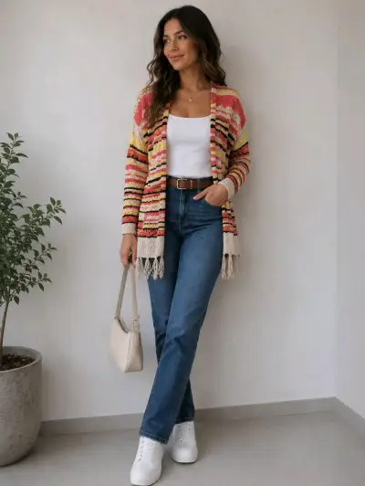 Cardigan colorido de rayas con flecos - miniatura 1