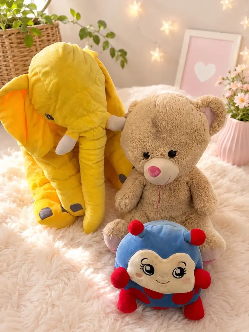 Set de peluches: elefante, oso y mariquita