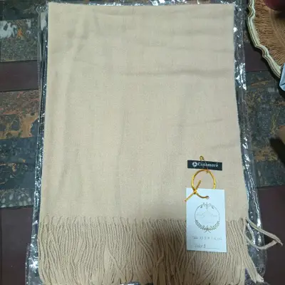 Bufanda de cashmere beige con flecos - miniatura 1