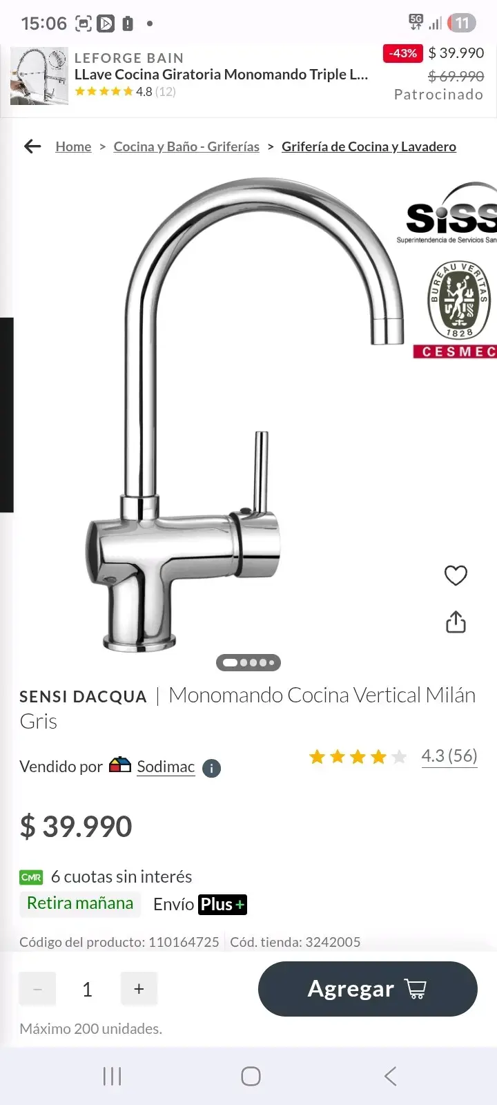 Grifo monomando de cocina cromado - 2