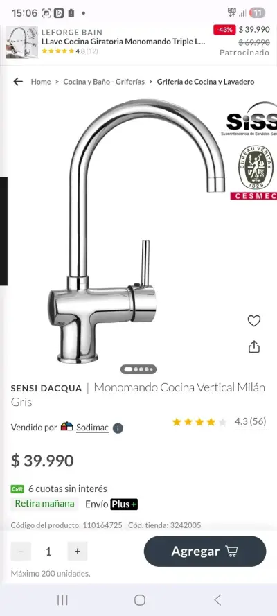 Grifo monomando de cocina cromado - miniatura 2