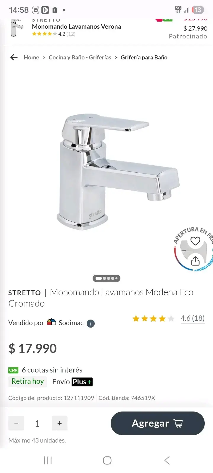 Grifería monomando lavamanos Módena Eco - 2