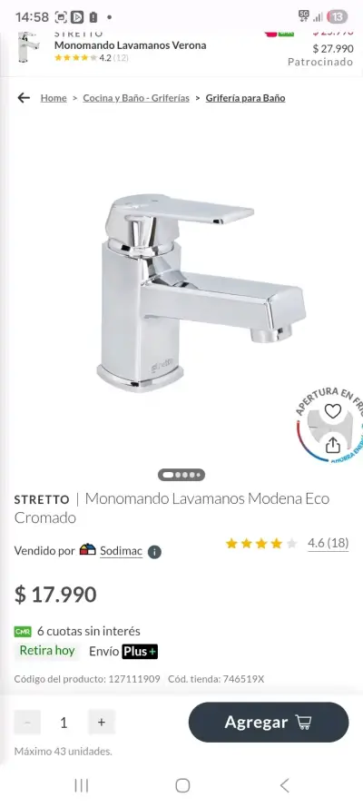 Grifería monomando lavamanos Módena Eco - miniatura 2