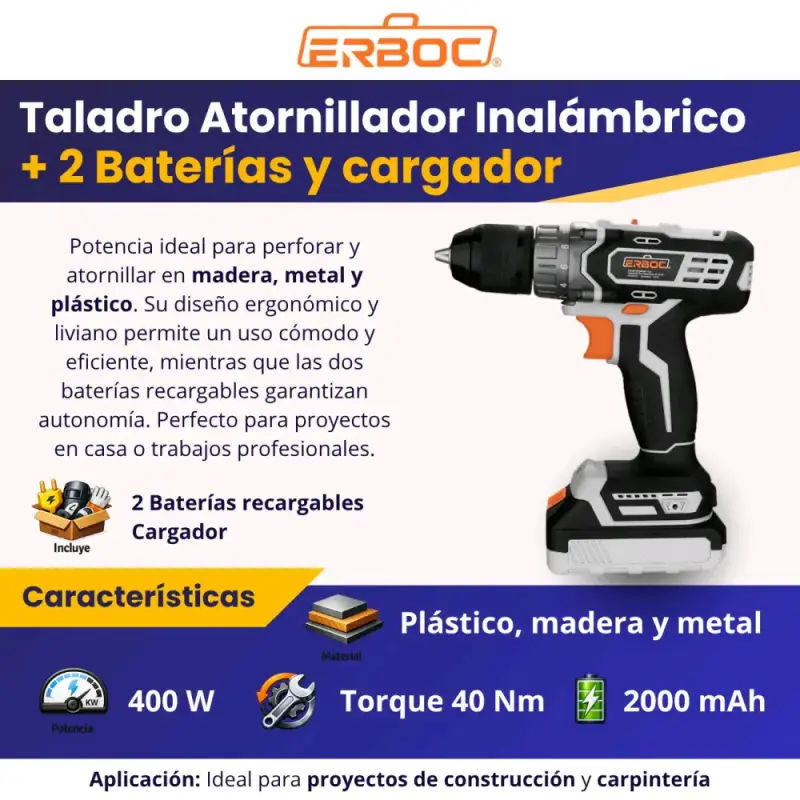 Taladro atornillador 20v Erboc - 2