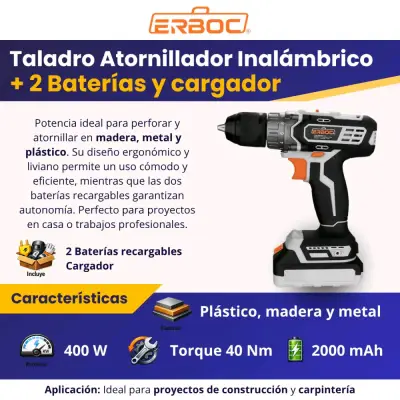 Taladro atornillador 20v Erboc - miniatura 2