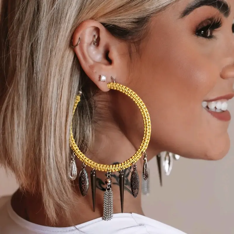 Maxi Aros Argollas Macramé Amarillo con Cadenas