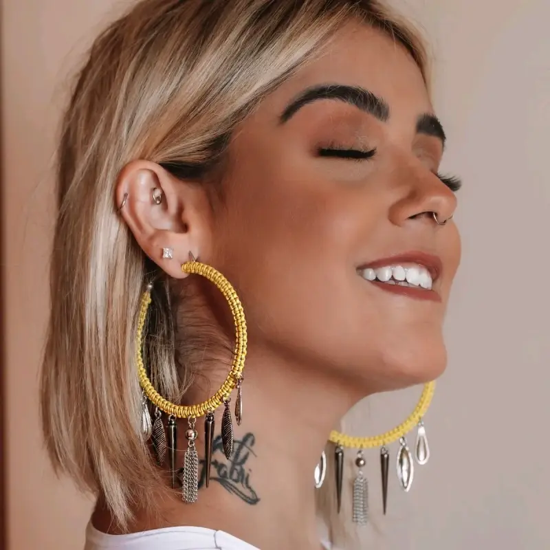 Maxi Aros Argollas Macramé Amarillo con Cadenas - 2