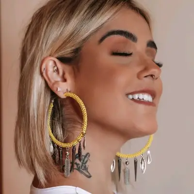 Maxi Aros Argollas Macramé Amarillo con Cadenas - miniatura 2