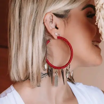 Maxi Aros Argollas Macramé Rojo con Cadenas - miniatura 1