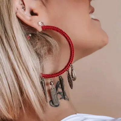 Maxi Aros Argollas Macramé Rojo con Cadenas - miniatura 2