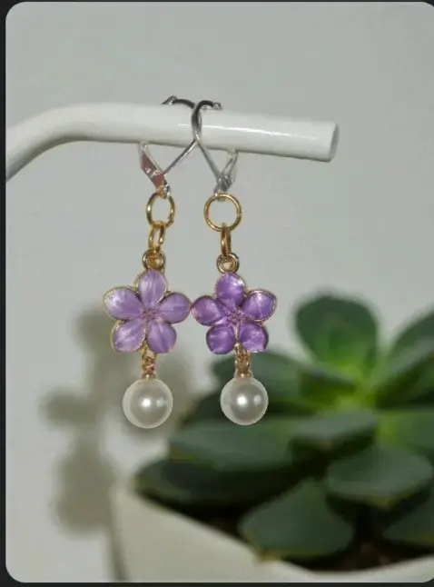 Aros colgantes gancho de plata con flores y perlas - 2