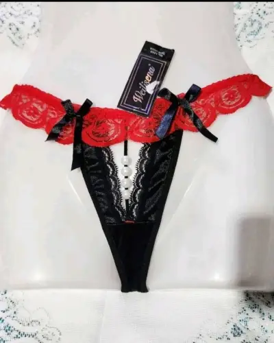 Colales encaje negro y rojo con perlas - miniatura 1