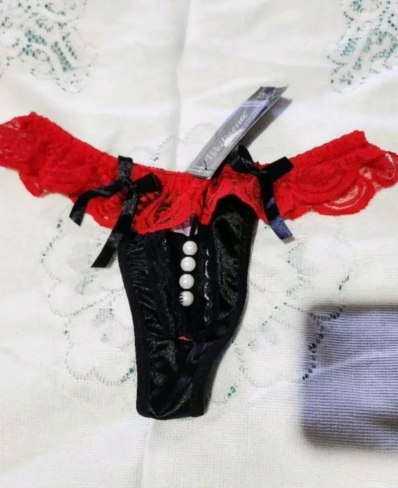 Colales encaje negro y rojo con perlas - 2