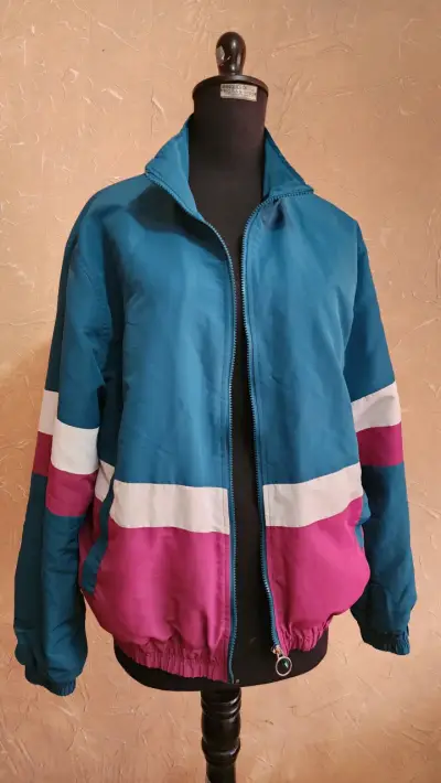 Chaqueta cortaviento retro turquesa y fucsia - miniatura 2