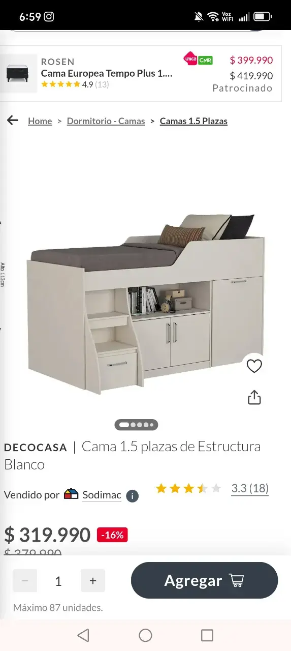 Cama 1.5 plazas con almacenamiento blanco - 1