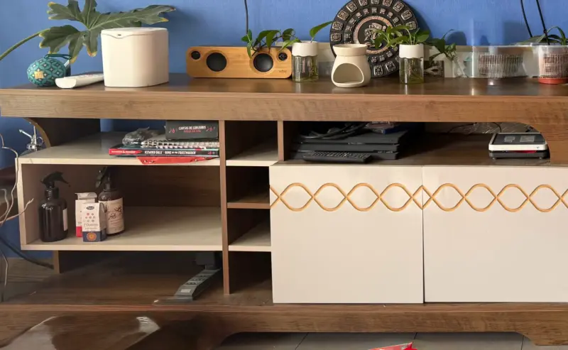 Mueble rack de madera con puertas decorativas