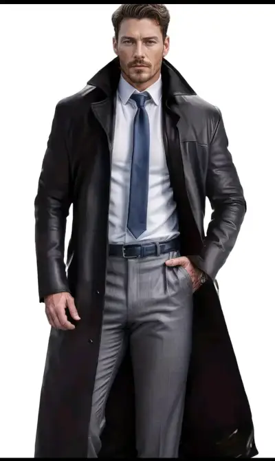Abrigo largo de cuerina negro para hombre - miniatura 1