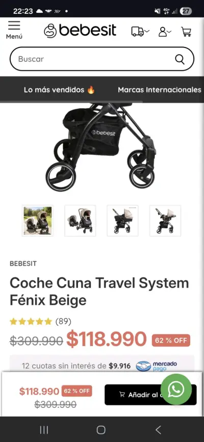 Coche de bebé Bebesit con capota beige - miniatura 6