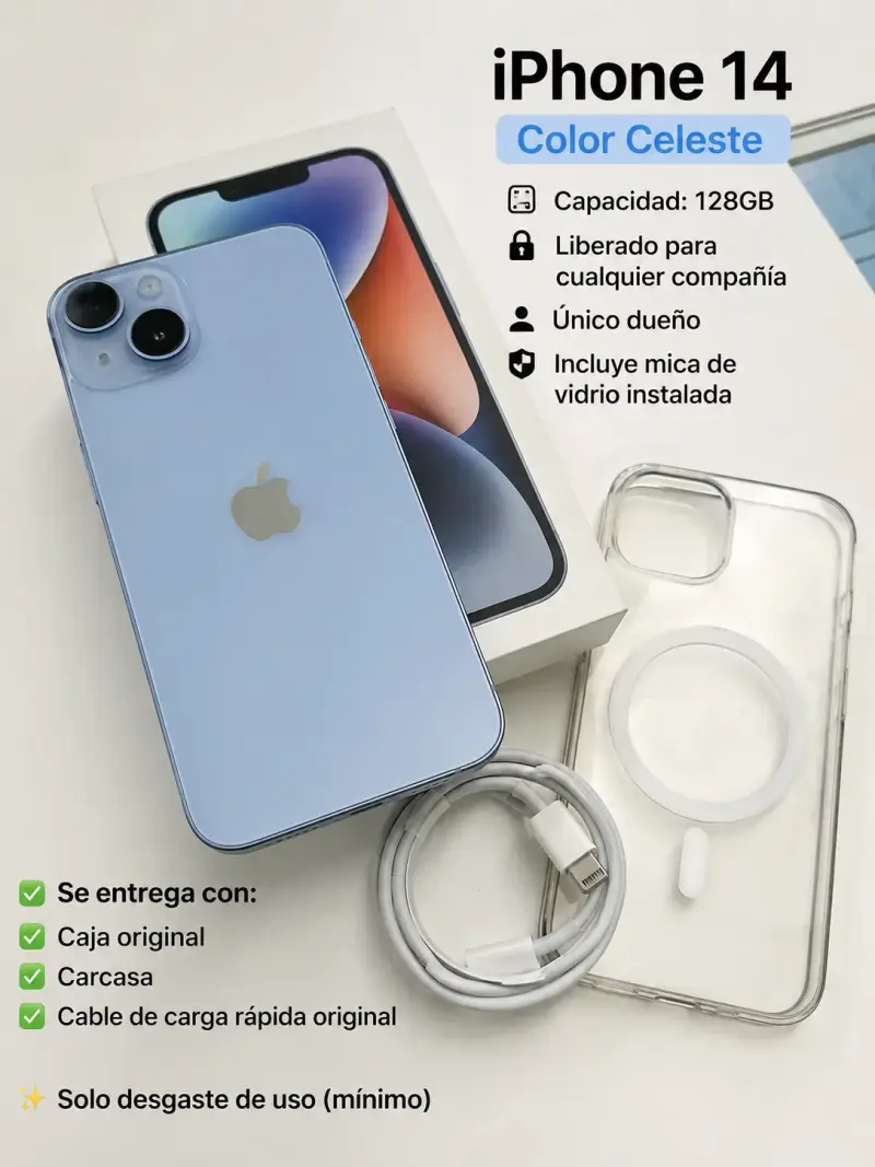iPhone 14 Celeste 128GB con accesorios
