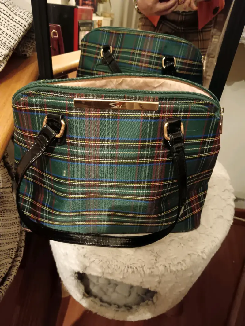 Bolso de mano tartán verde con asas negras - 3