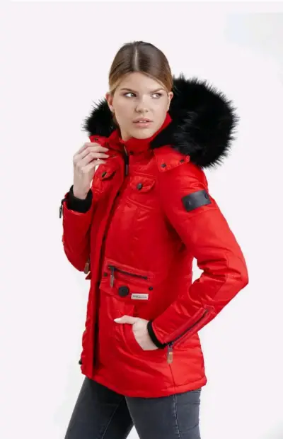 Parka roja con capucha de piel sintética - miniatura 1