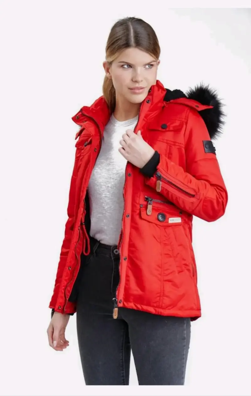 Parka roja con capucha de piel sintética - 2