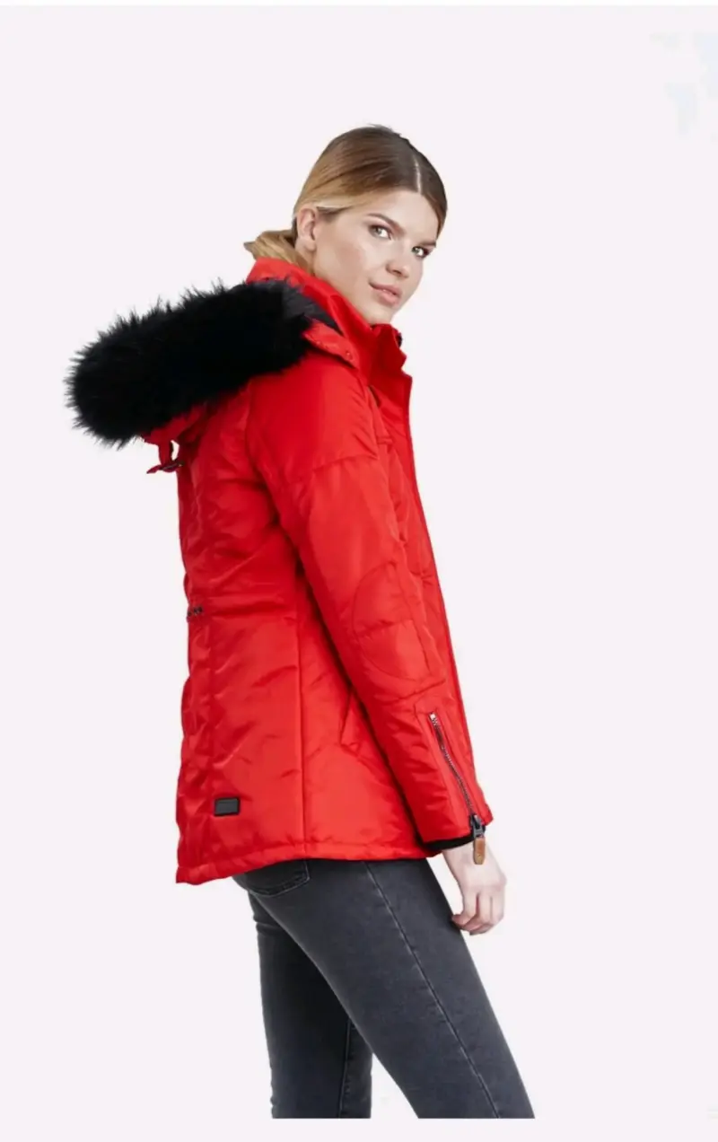 Parka roja con capucha de piel sintética - 3