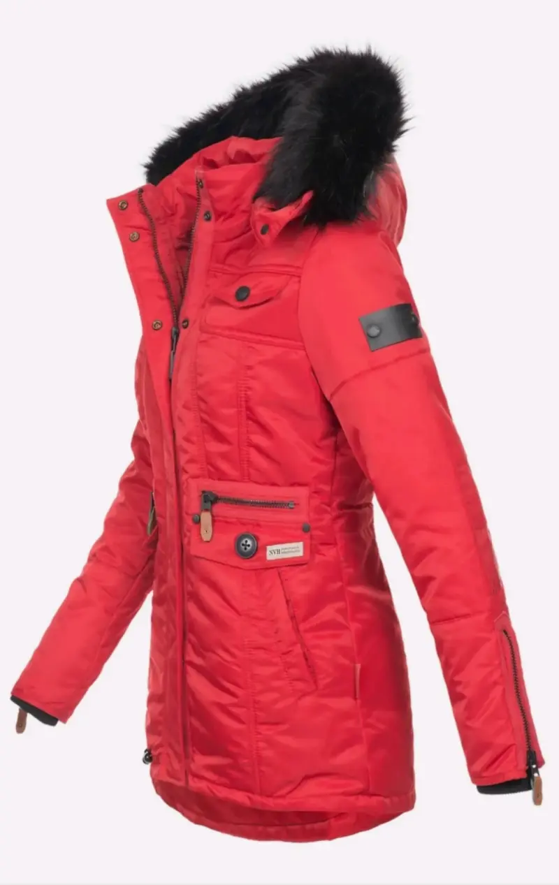 Parka roja con capucha de piel sintética - 5