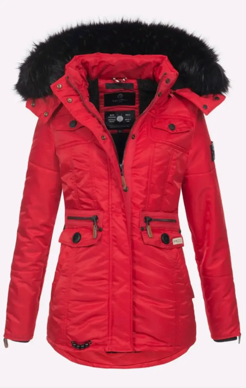 Parka roja con capucha de piel sintética - 6
