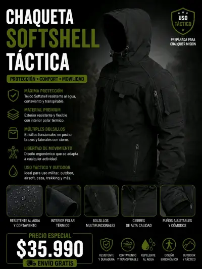 Chaqueta Softshell Táctica Negra - miniatura 1