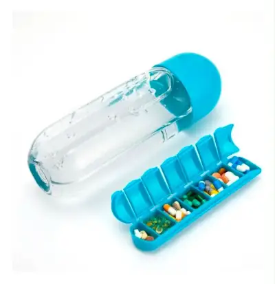 Botella de agua con pastillero rojo,Azul, Rosa - miniatura 2