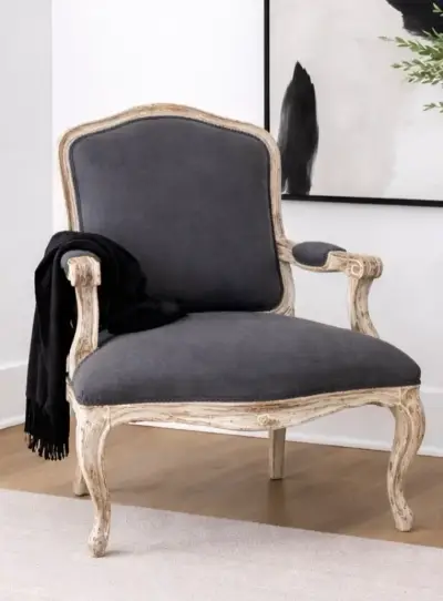 Sillón vintage de madera y tela gris - miniatura 1