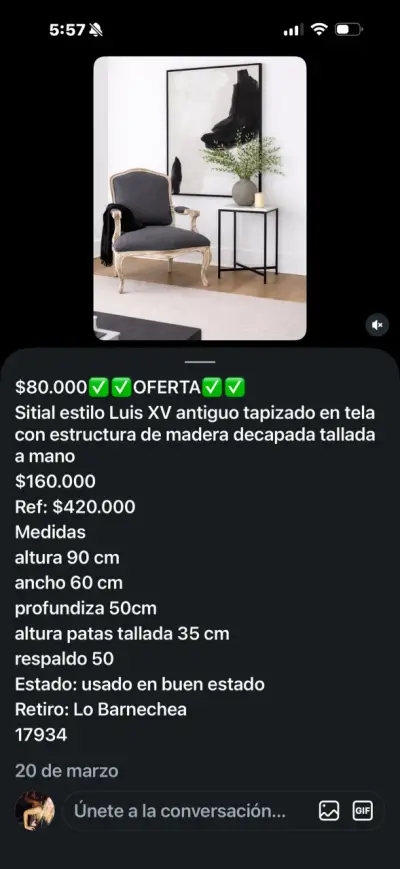 Sillón vintage de madera y tela gris - miniatura 2