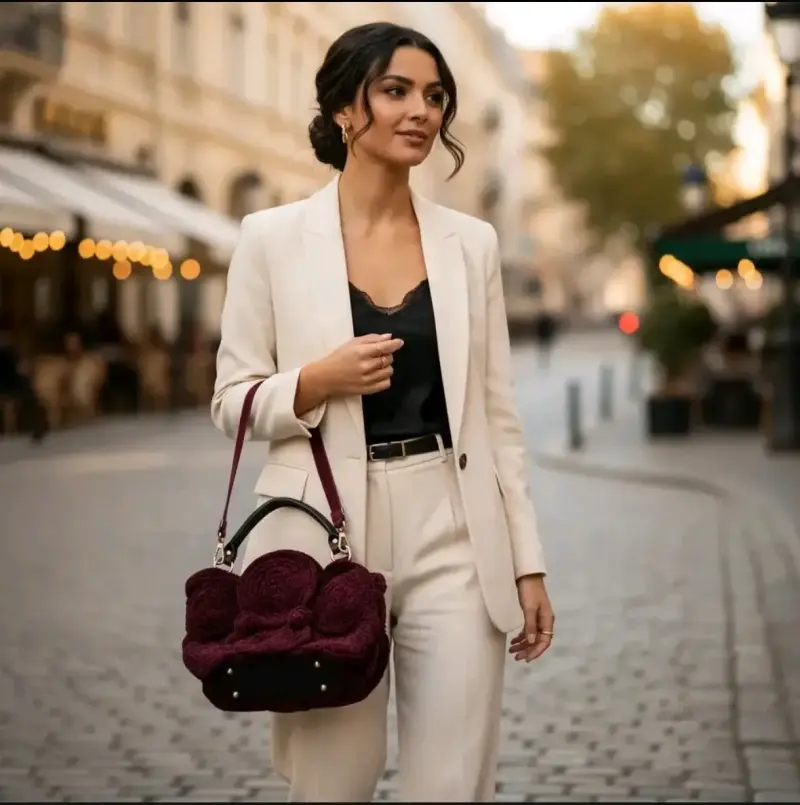 Bolso de mano tejido burdeos con asa ajustable - 2