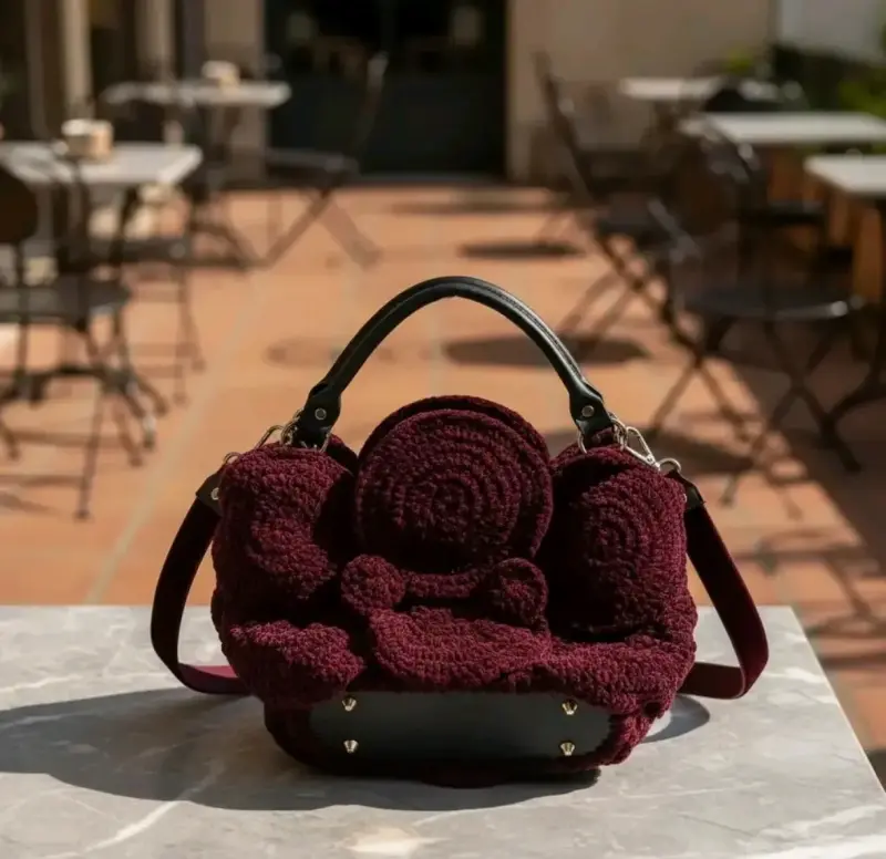 Bolso de mano tejido burdeos con asa ajustable - 6