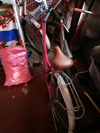 Bicicleta vintage rosada con canasto - miniatura 1