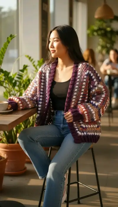 Cardigan de crochet multicolor para mujer - miniatura 1