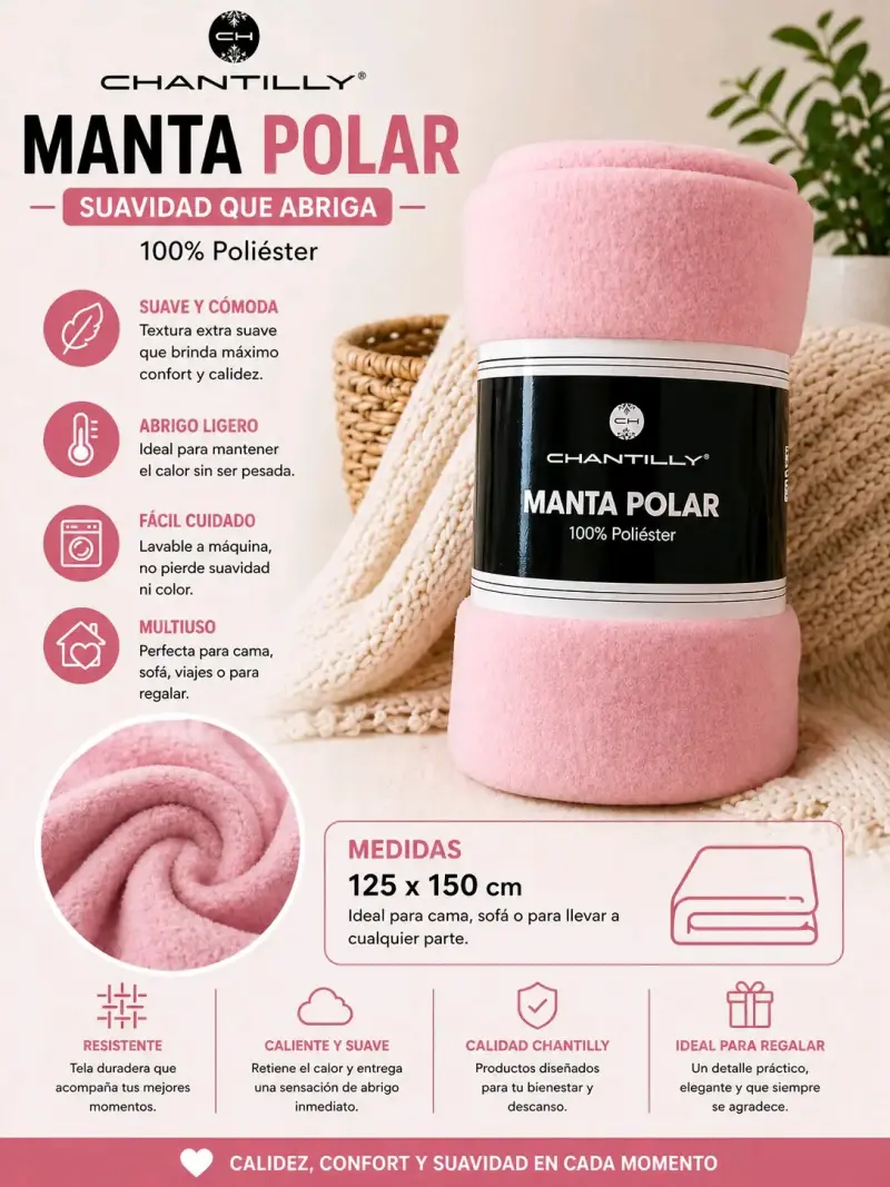Manta polar Chantilly 125x150 cm rosa - 1
