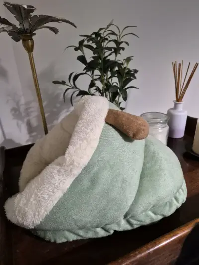 Cama de gato verde con borde de felpa - miniatura 1