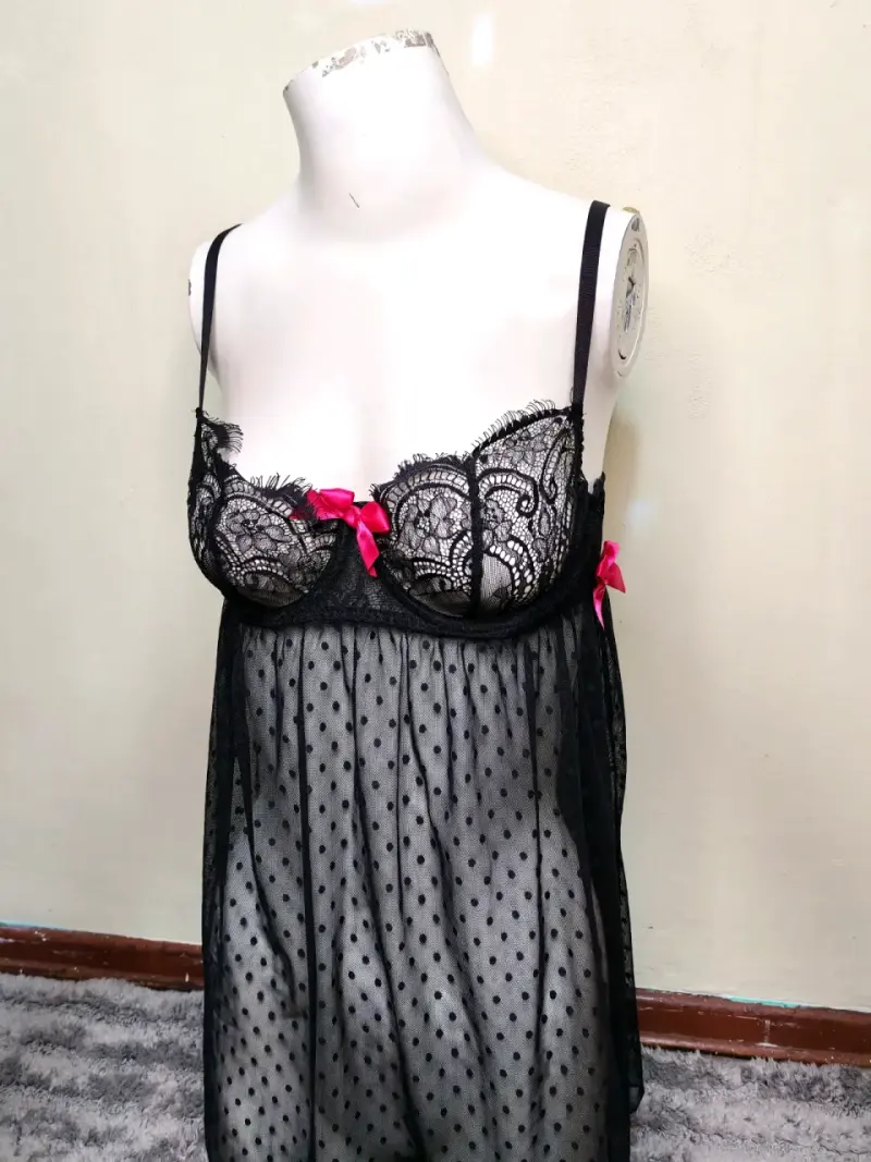 Babydoll negro con encaje y lazo - 3