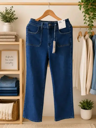 Jeans azul de tiro alto para mujer - miniatura 1