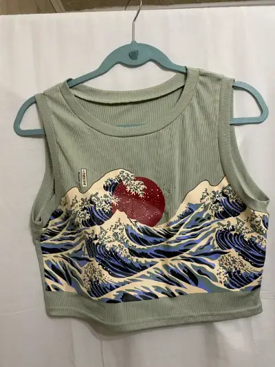 Crop top Romwe verde estampado japonés - miniatura 1