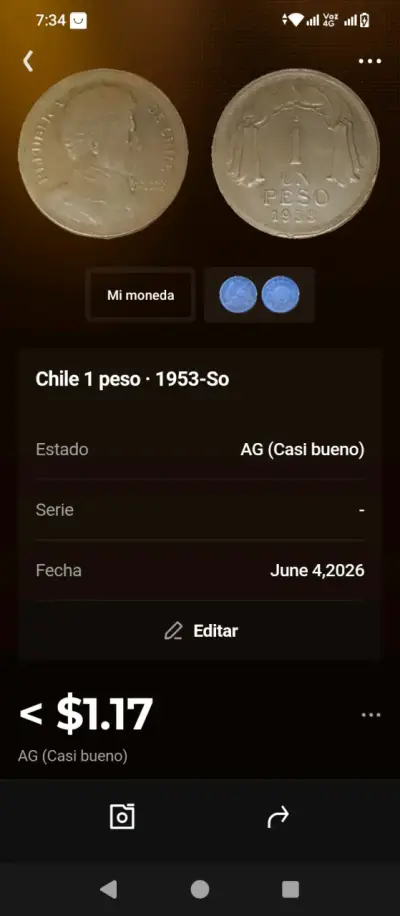 Moneda chilena de 1 peso 1953 - miniatura 1