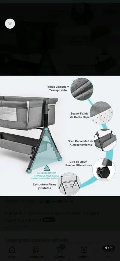 Cuna colecho gris con dosel ajustable - miniatura 2
