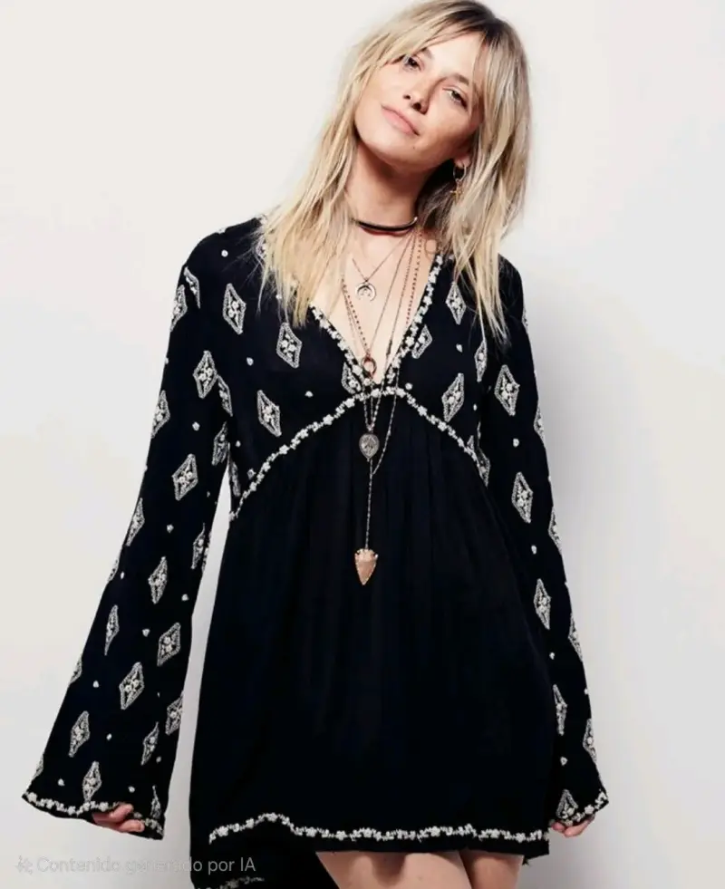 Vestido bohemia negra con estampado Barbados - 6
